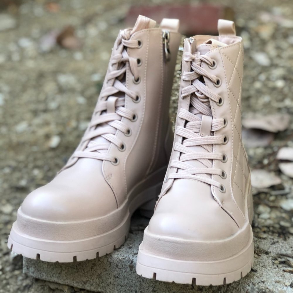 [New] Nude Beige Quilted Laced Up Lug Sole Platform Combat Boots Booties Shoes - Picture 6 of 6